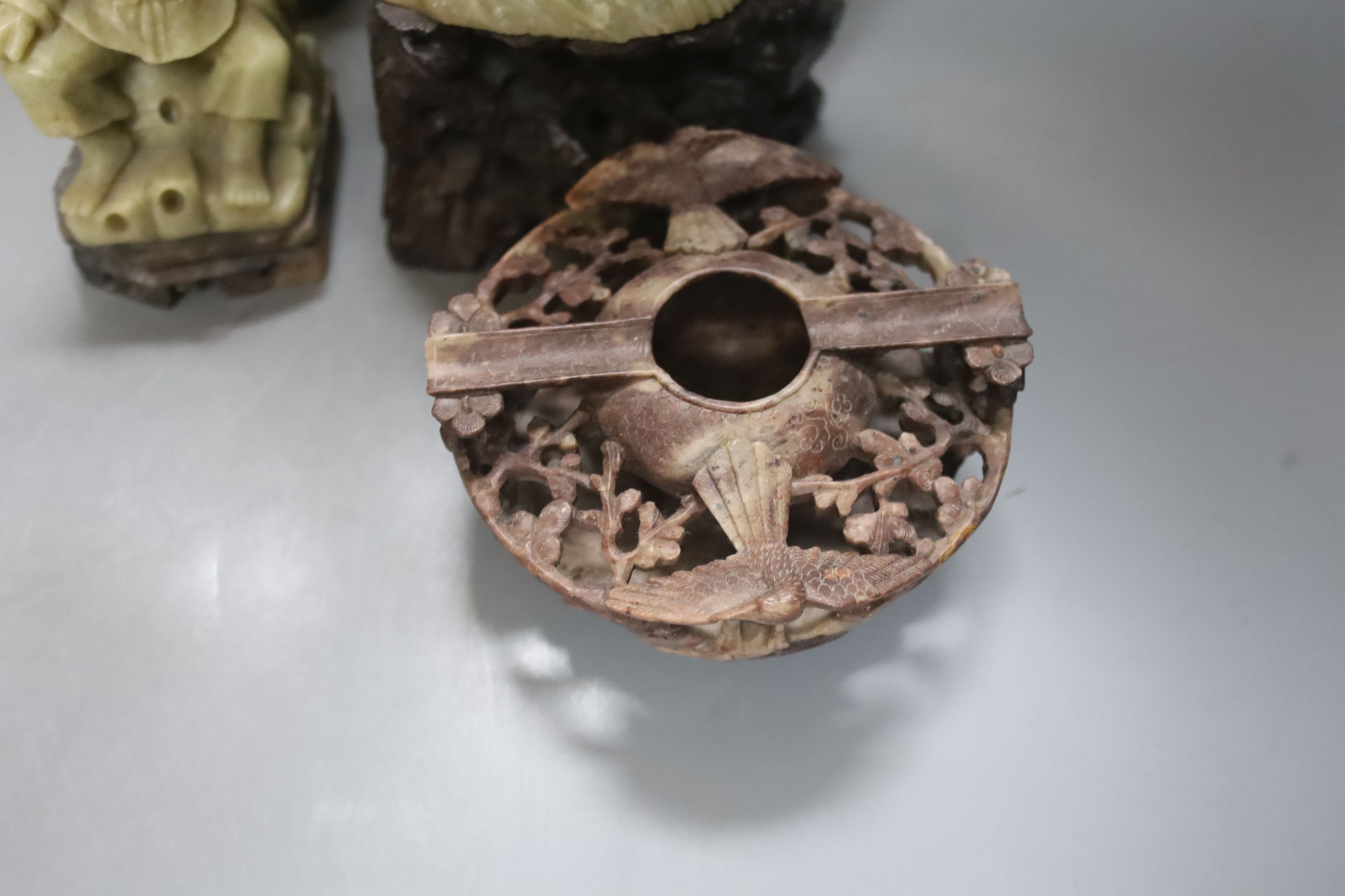 Seven Chinese soapstone carvings, 4 figurative carvings, largest 26 cms high including base.